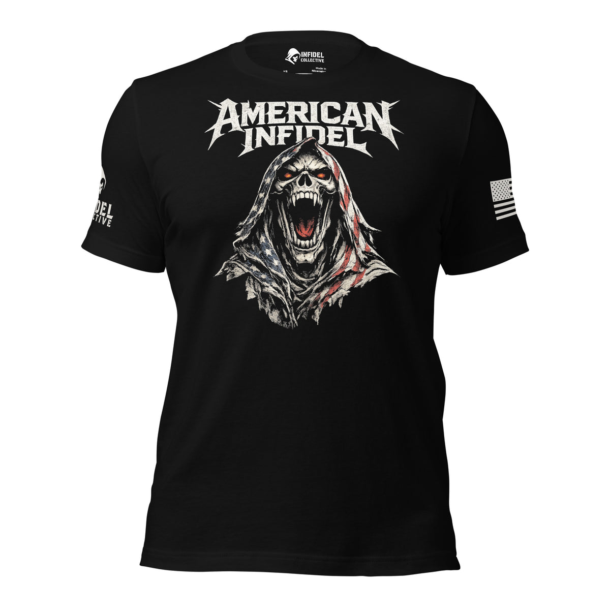 Front view of black tee featuring the American Infidel screaming reaper graphic