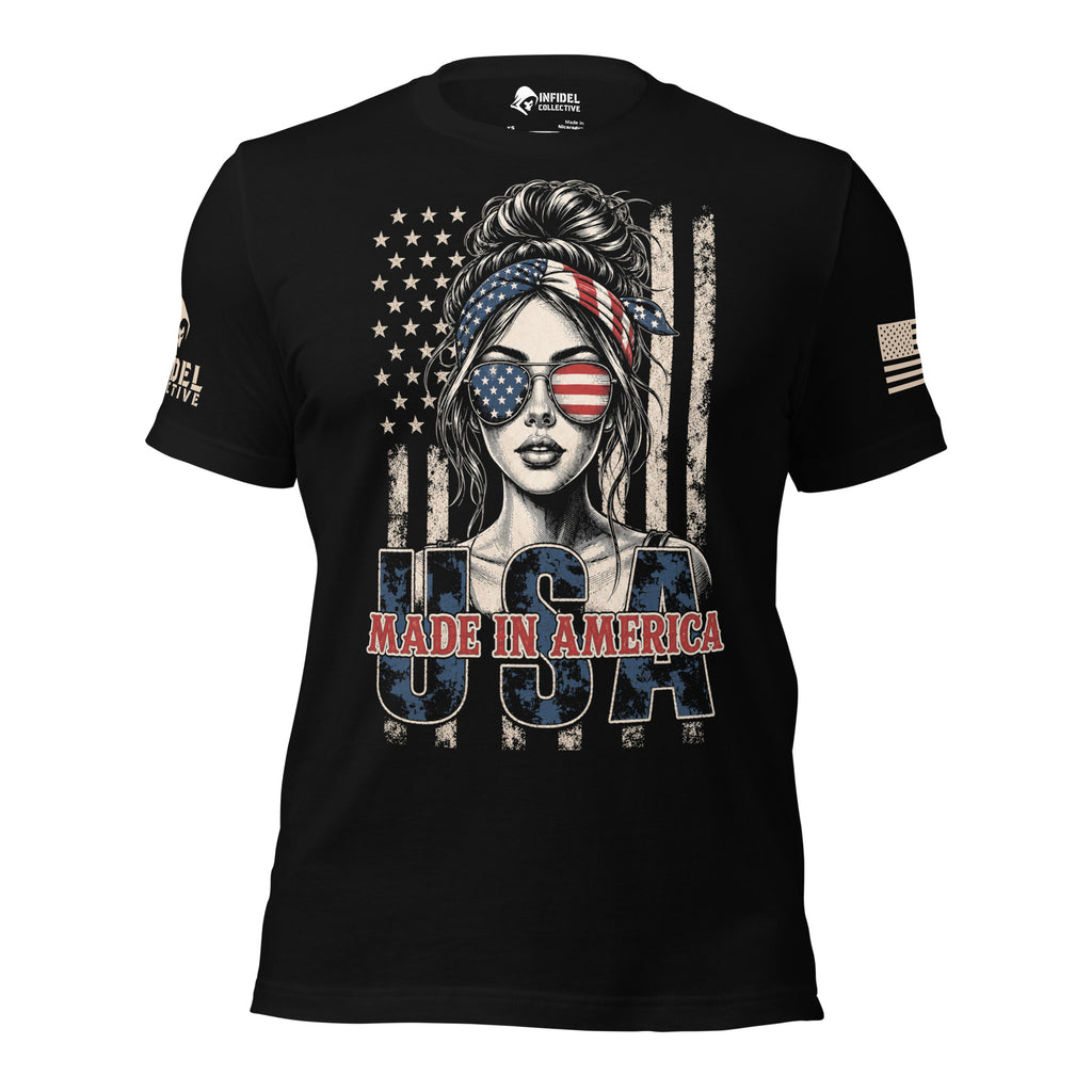 Front view of black Aviators Made in America USA women's tee