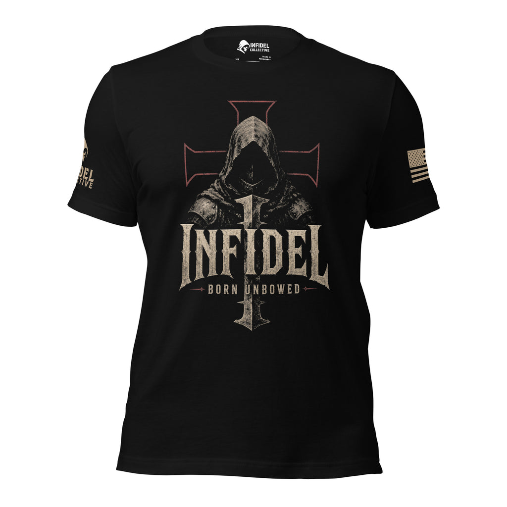 A black short-sleeve graphic t-shirt featuring a large front print of a hooded figure behind a cross and the word 'INFIDEL' in distressed beige lettering, with 'BORN UNBOWED' below. The shirt has a small graphic on the right sleeve and a flag-style print on the left sleeve, shown against a plain white background.