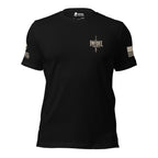 Black short-sleeve t-shirt shown from the front, featuring a small distressed graphic of a dagger behind the word 'INFIDEL' with 'BY BLOOD' underneath. The shirt is displayed against a white background.