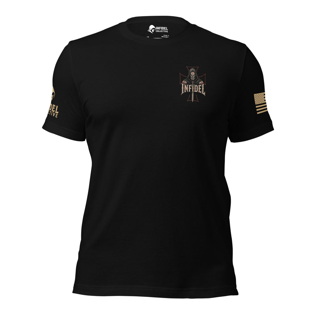 Front view of black Death Mask Infidel Never Bow back print tee