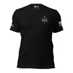Front view of black Death Mask Infidel Never Bow back print tee
