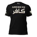 A black short-sleeve t-shirt with 'AMERICAN' printed in distressed beige text above large Arabic script calligraphy KAFIR, with a USA flag on the left sleeve and brand logo INFIDEL COLLECTIVE on the right sleeve, shown on a plain white background.