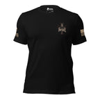 Front view of black Death Mask Infidel No Mercy Given back print tee