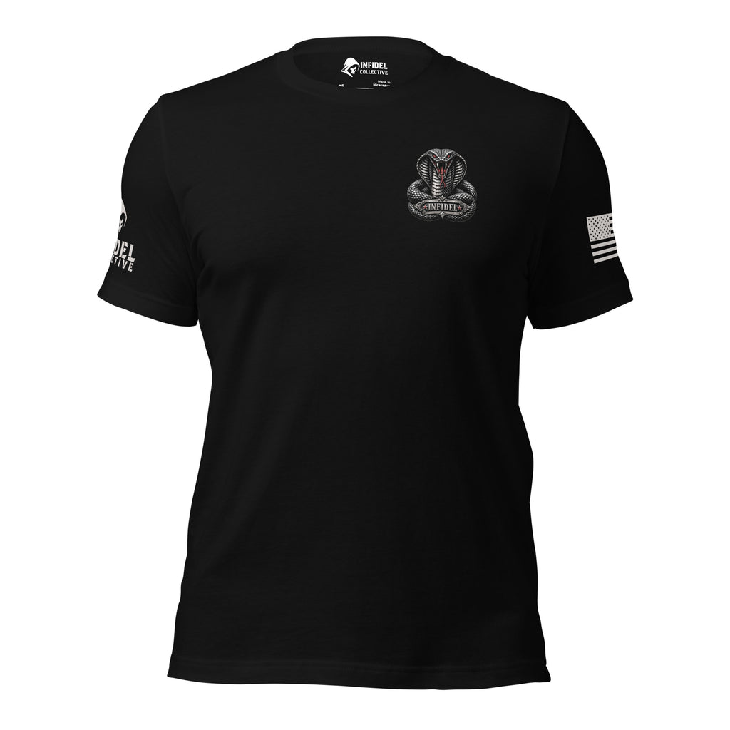 A black short-sleeve t-shirt with a gray cobra logo with INFIDEL on the left chest and a white American flag graphic on the left sleeve, with the brand logo on the left sleeve INFIDEL COLLECTIVE, shown on a plain white background.