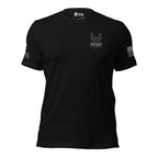 Front view of black Patriot Eagle Shield back print tee