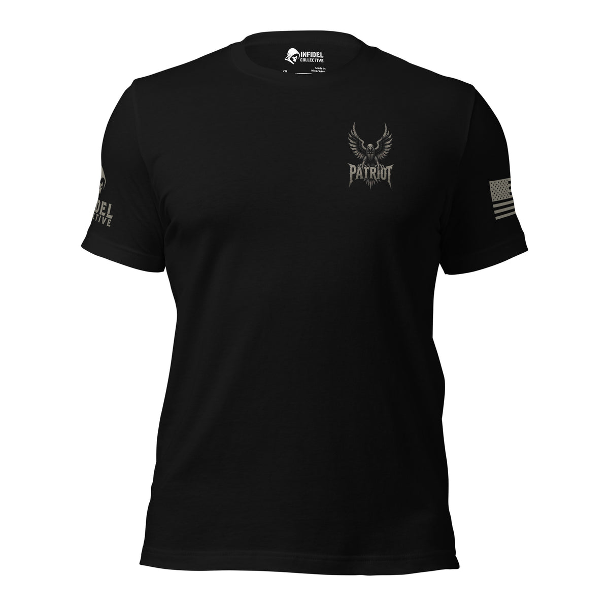 Front view of black Patriot Eagle Shield back print tee