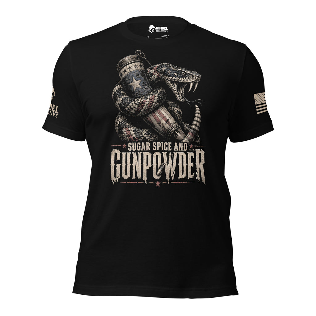 A front view of black short-sleeve t-shirt with a graphic print of a coiled snake holding a revolver and a star-patterned mug, with the text 'SUGAR SPICE AND GUNPOWDER' on the front. The brand name 'INFIDEL COLLECTIVE' is visible on the right sleeve with USA American flag on the right sleeve against a white background.
