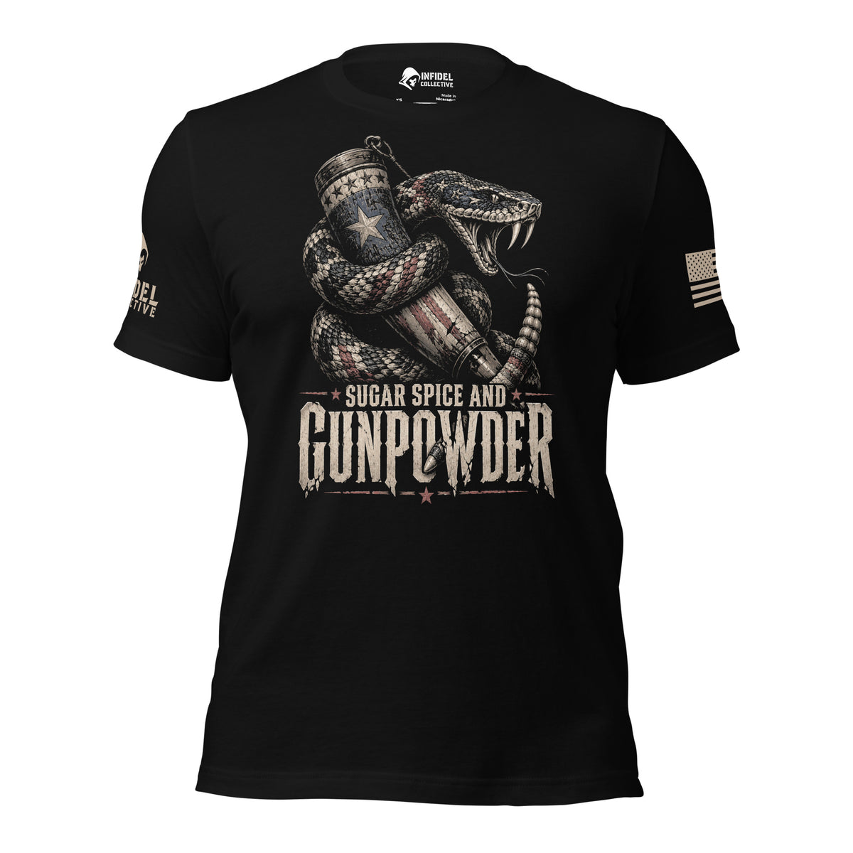 A front view of black short-sleeve t-shirt with a graphic print of a coiled snake holding a revolver and a star-patterned mug, with the text 'SUGAR SPICE AND GUNPOWDER' on the front. The brand name 'INFIDEL COLLECTIVE' is visible on the right sleeve with USA American flag on the right sleeve against a white background.