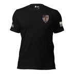 Front view of black tee with small American flag shield and crimson red cross on the left chest. The left sleeve has an American (USA) flag and the right sleeve brand logo for INFIDEL COLLECTIVE.