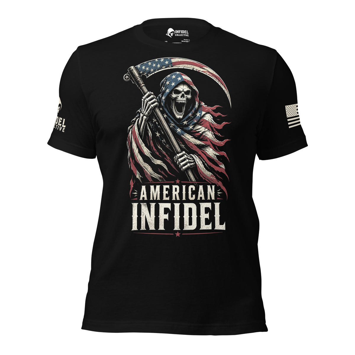 A black short-sleeve graphic t-shirt featuring a grim reaper holding a scythe with an American flag pattern, with the text 'AMERICAN INFIDEL' printed below. The shirt is shown on a clean white background.