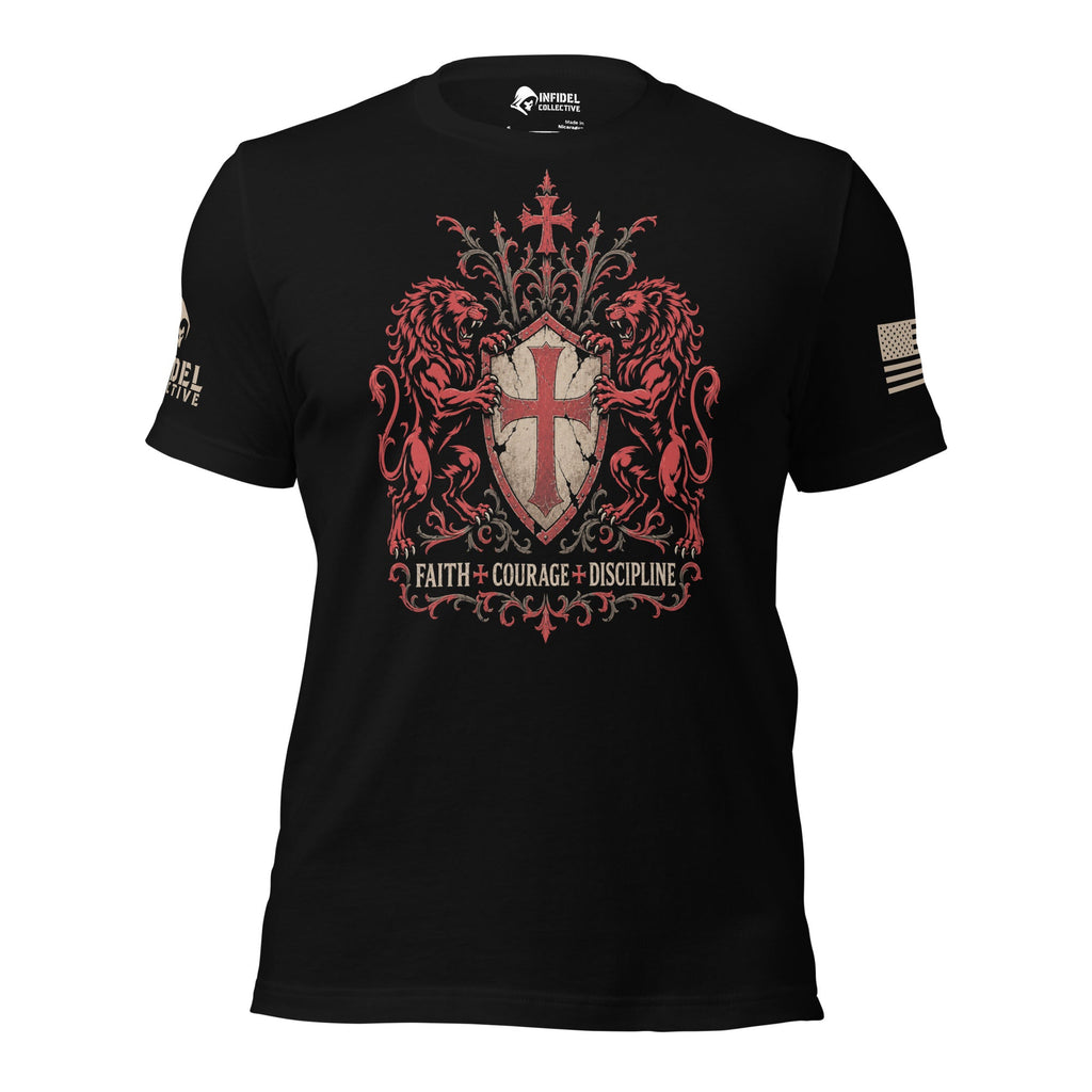 Front view of black Infidel's Lion Crest tee