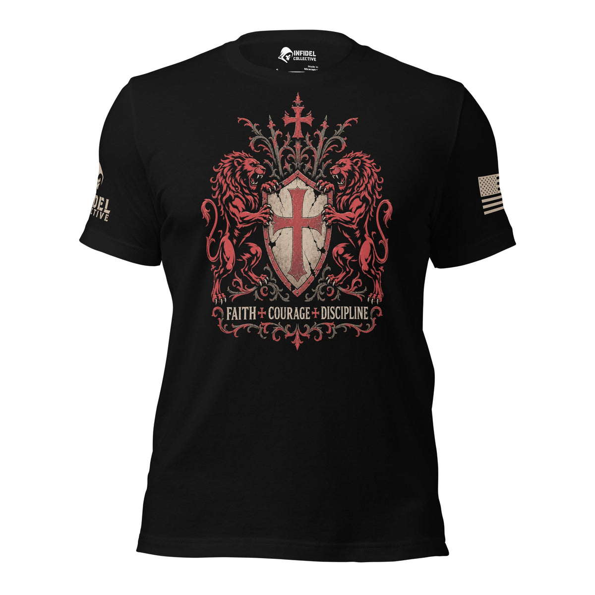 Front view of black Infidel's Lion Crest tee