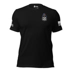 Black t-shirt with a reaper and "FEAR THE INFIDEL' TEXT integrated into the graphic at the front left chest pocket area, and sleeve patch of the brand "INFIDEL COLLECTIVE" on one sleeve and the USA flag on the other, on a white background