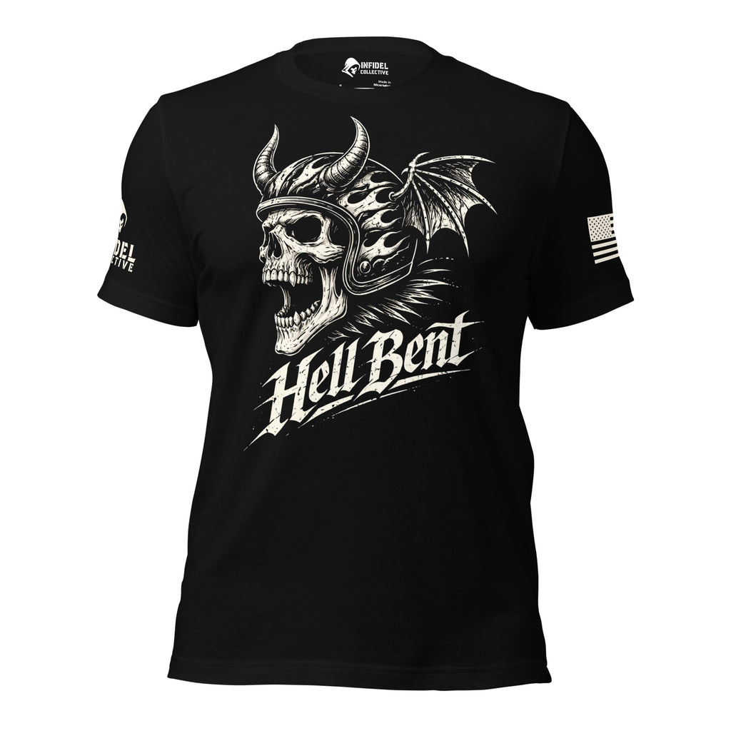A black short-sleeve t-shirt with a large white graphic of a horned skull wearing a winged helmet and the words 'Hell Bent' across the front. The shirt has a small American flag graphic on the right sleeve and a logo on the left sleeve.