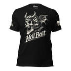 A black short-sleeve t-shirt with a large white graphic of a horned skull wearing a winged helmet and the words 'Hell Bent' across the front. The shirt has a small American flag graphic on the right sleeve and a logo on the left sleeve.