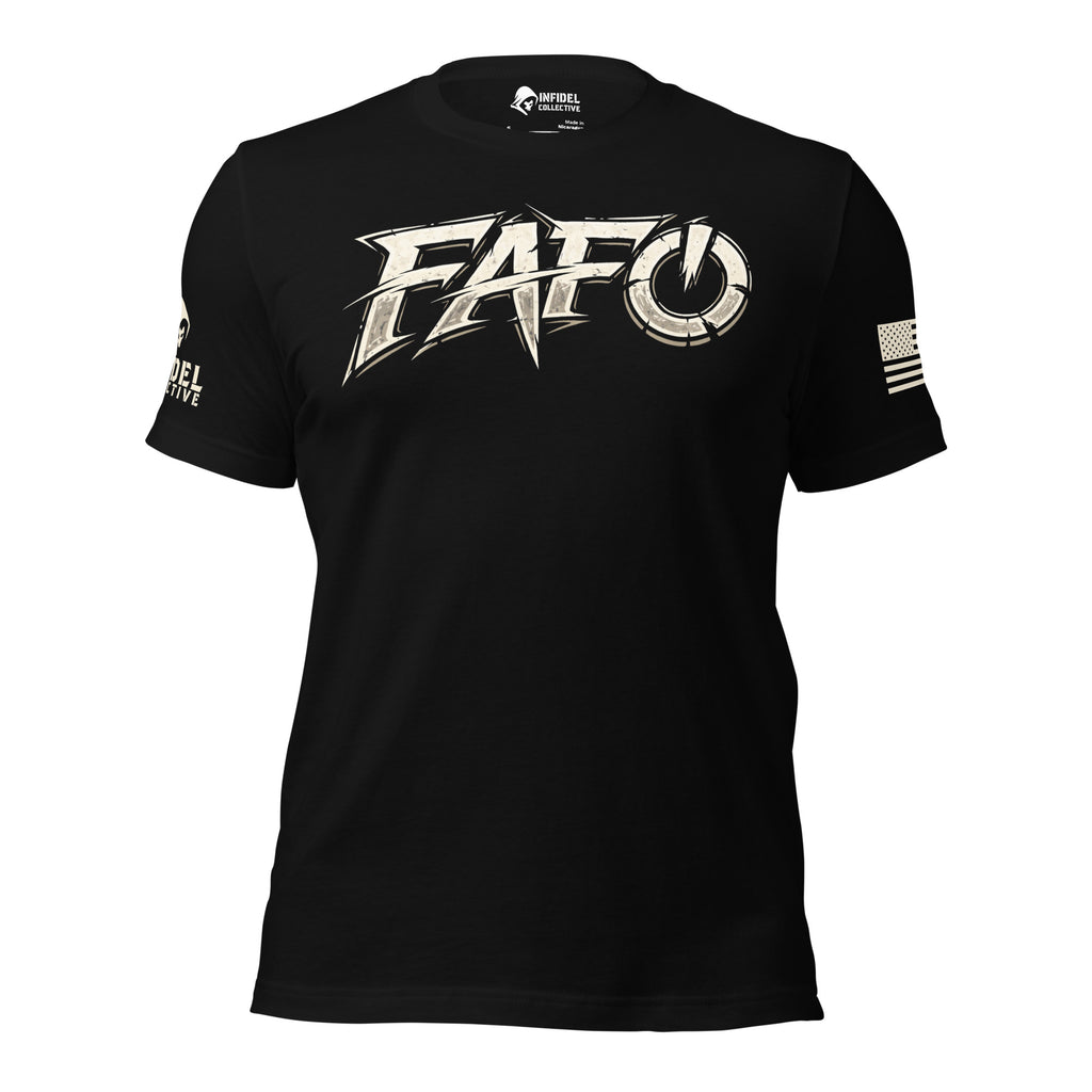A black short-sleeve crewneck t-shirt featuring the word 'FAFO' printed across the chest in a distressed white font. The left sleeve has a small white printed logo, and the right sleeve features a small white American flag graphic.