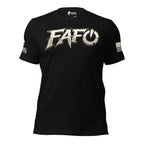 A black short-sleeve crewneck t-shirt featuring the word 'FAFO' printed across the chest in a distressed white font. The left sleeve has a small white printed logo, and the right sleeve features a small white American flag graphic.