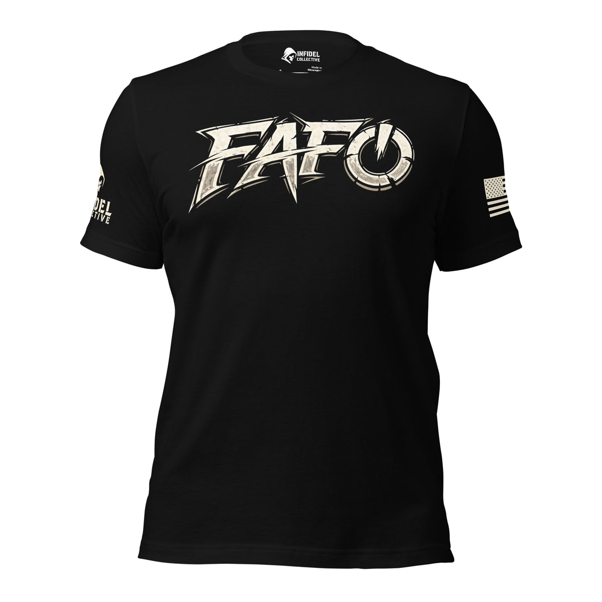 A black short-sleeve crewneck t-shirt featuring the word 'FAFO' printed across the chest in a distressed white font. The left sleeve has a small white printed logo, and the right sleeve features a small white American flag graphic.