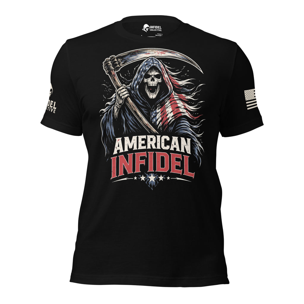 A black short-sleeve t-shirt with a graphic of a grim reaper holding a scythe, with the text 'AMERICAN INFIDEL' in white and red. The shirt also features a small American flag graphic on the right sleeve and a logo on the left sleeve.