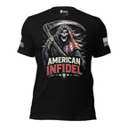 A black short-sleeve t-shirt with a graphic of a grim reaper holding a scythe, with the text 'AMERICAN INFIDEL' in white and red. The shirt also features a small American flag graphic on the right sleeve and a logo on the left sleeve.
