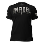 A black short-sleeve t-shirt with a distressed white 'INFIDEL' graphic and crosshair on the chest, featuring a brand logo on the left sleeve and a distressed American flag on the right sleeve, shown on a plain white background.