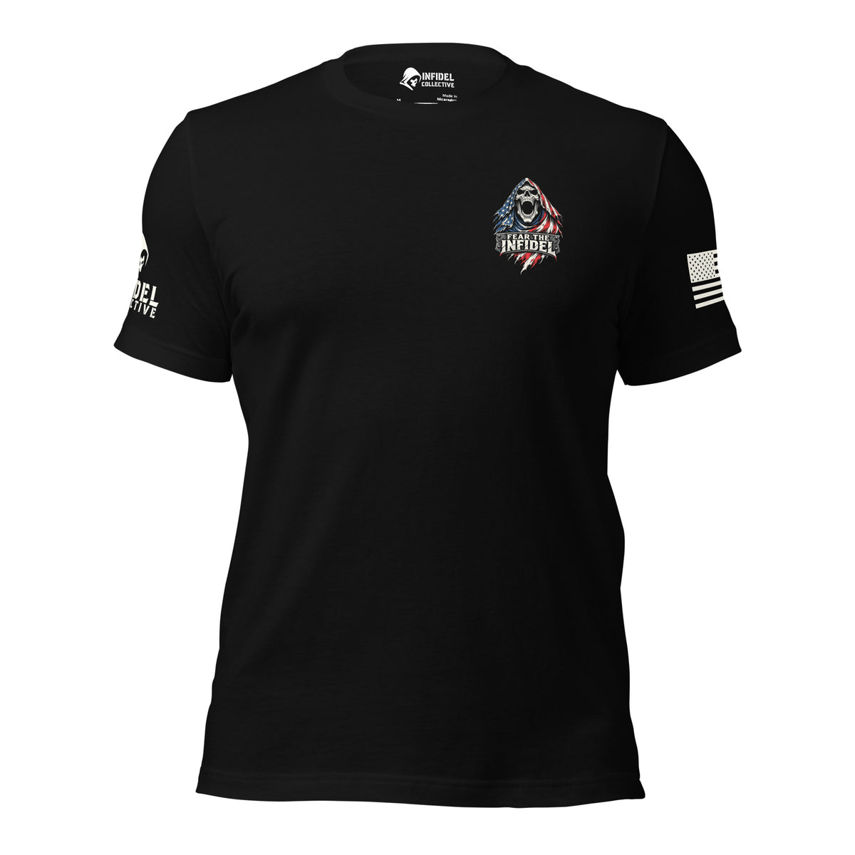 Front view of black Fear the Infidel Red Streak Reaper tee