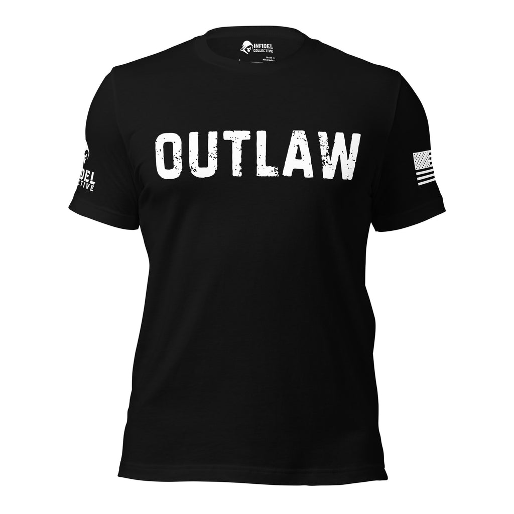 Front view of Black Outlaw Defined Back Print tee.