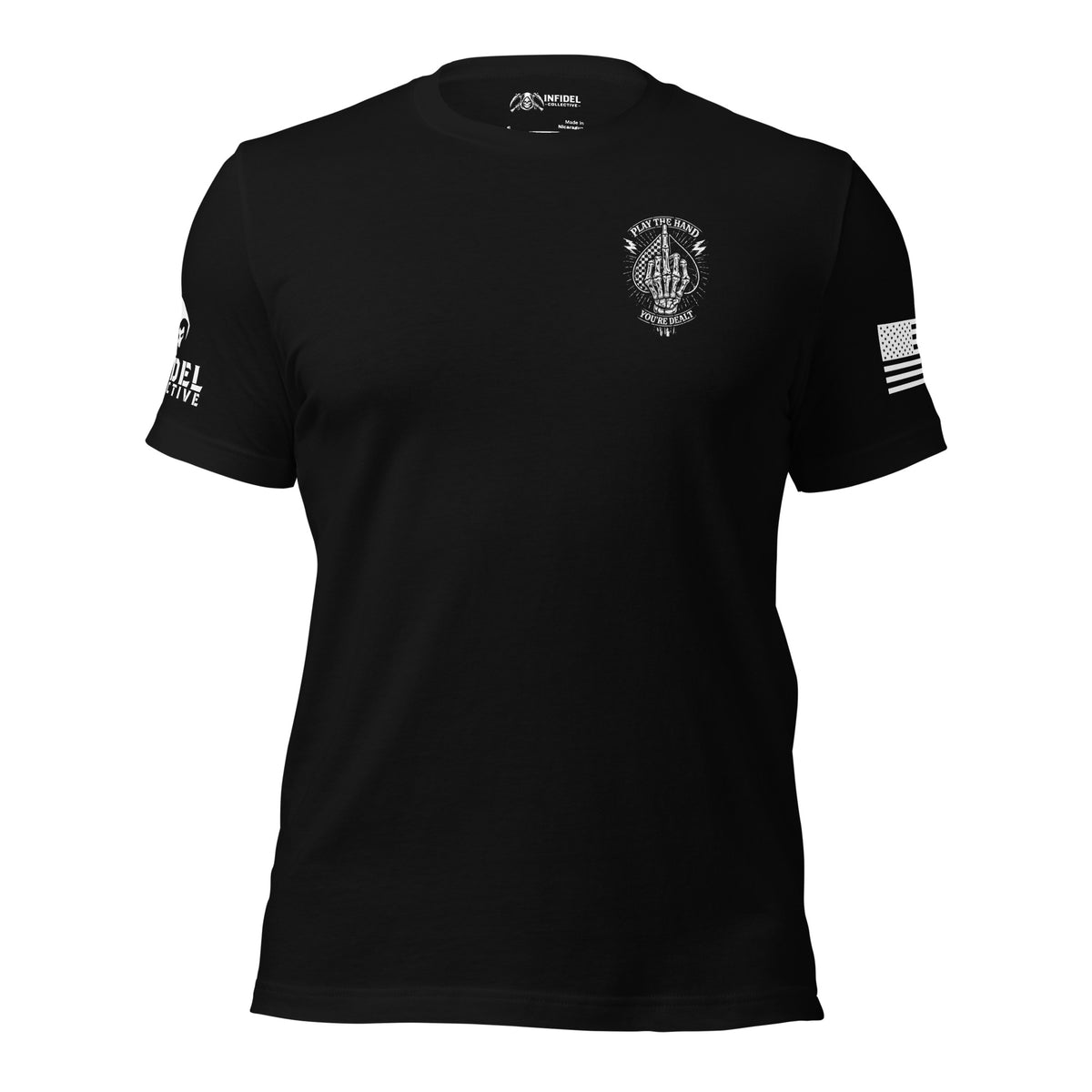 Front view of Black Play the Hand You're Dealt Skeleton Back Print tee.