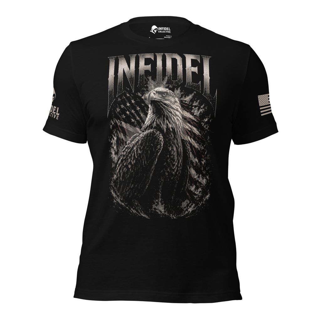 Black t-shirt with an eagle graphic and 'INFIDEL' text on a white background
