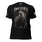 Black t-shirt with an eagle graphic and 'INFIDEL' text on a white background