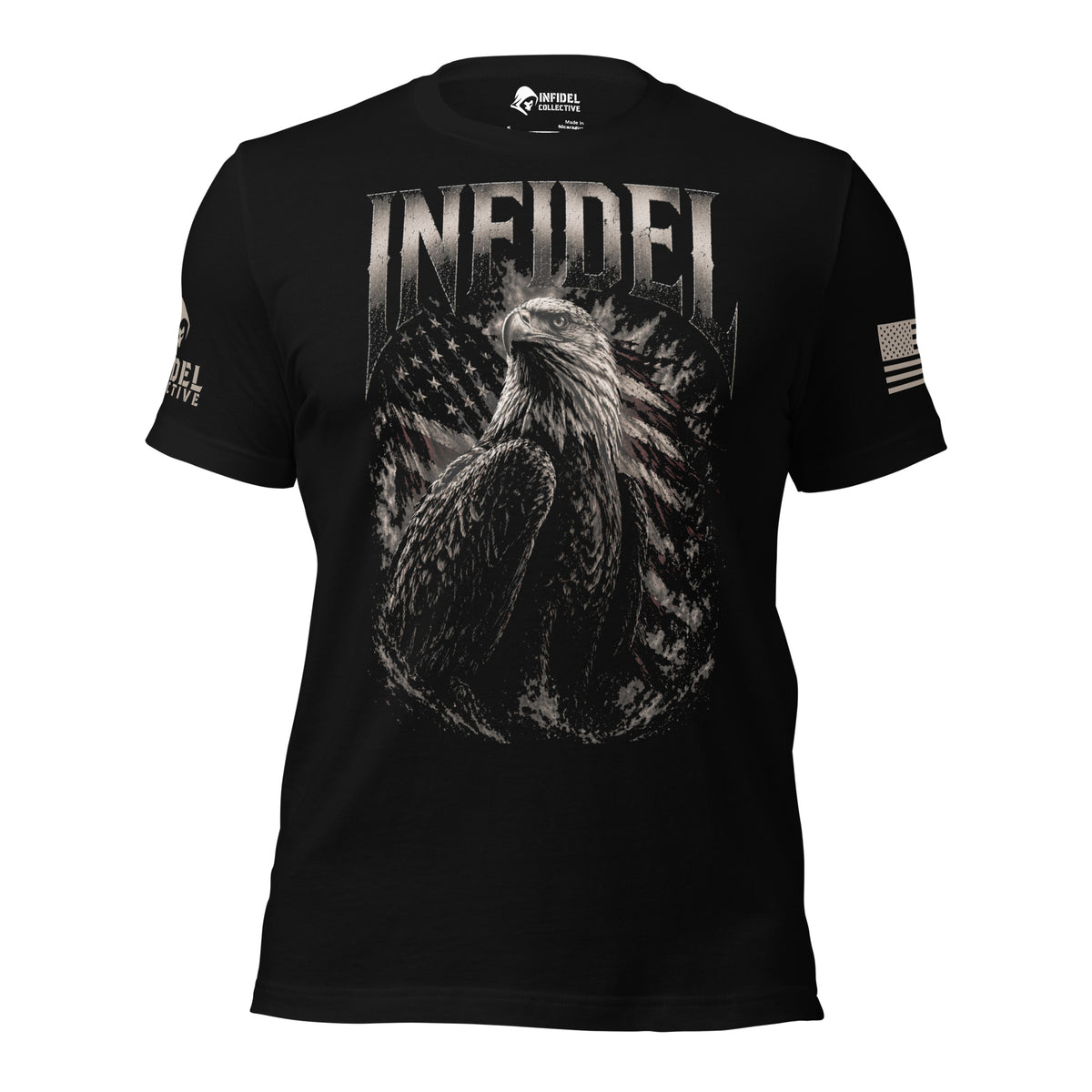 Black t-shirt with an eagle graphic and 'INFIDEL' text on a white background