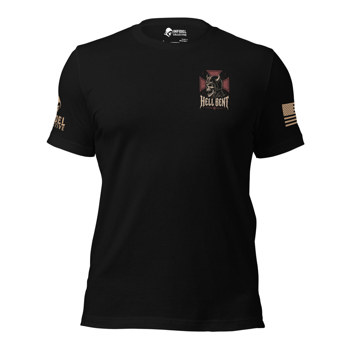 Front view of Black Hell Bent Biker Skull Back Print tee.