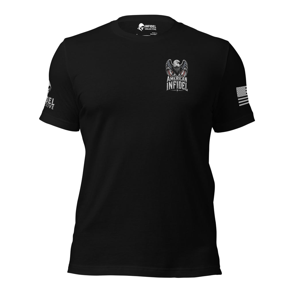Front view of Black American Infidel Flag Eagle Back Print tee.