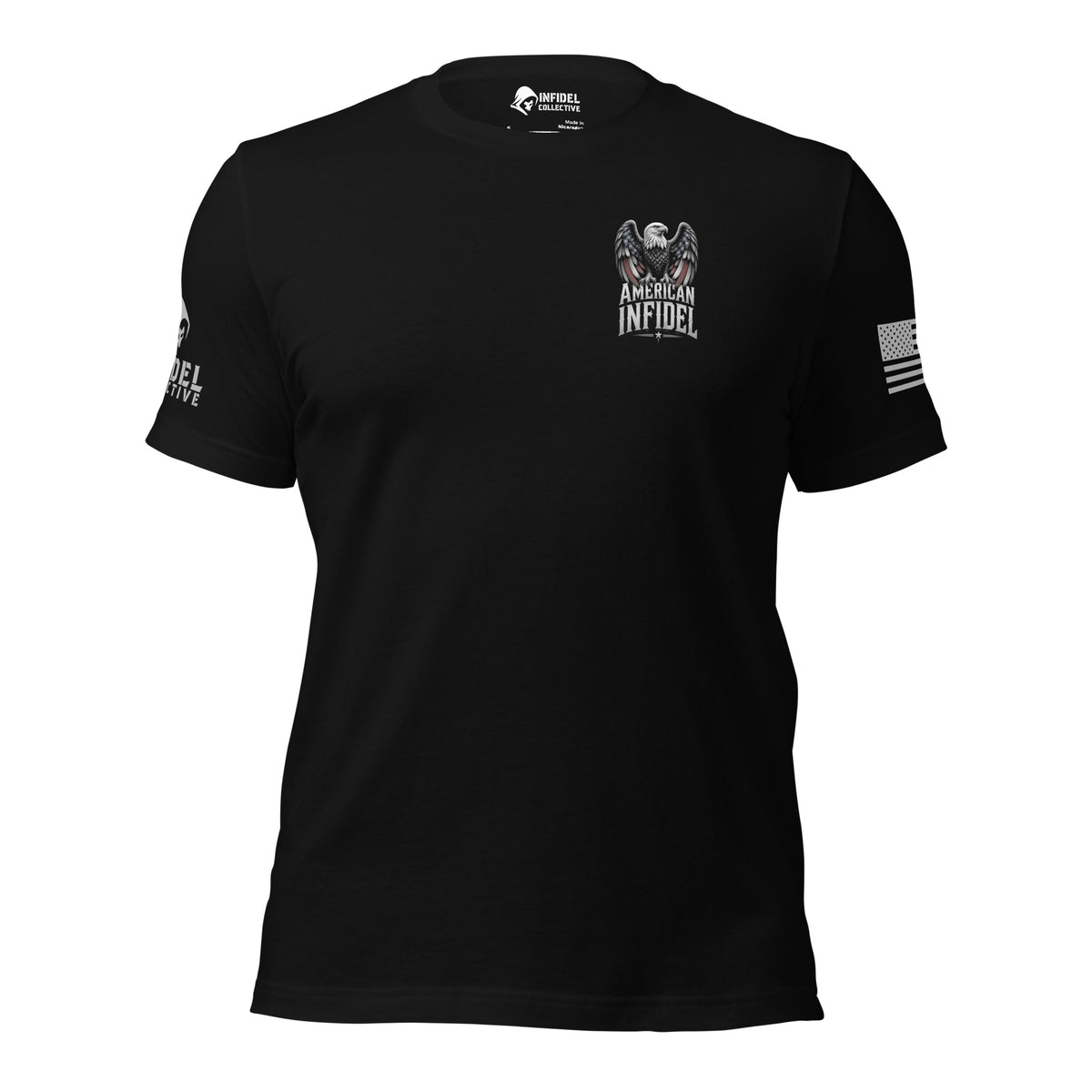 Front view of Black American Infidel Flag Eagle Back Print tee.
