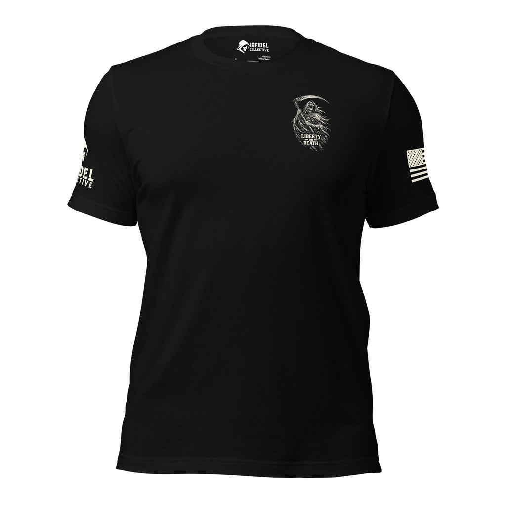 Front view of Black Born Infidel Scythe Reaper Back Print tee.