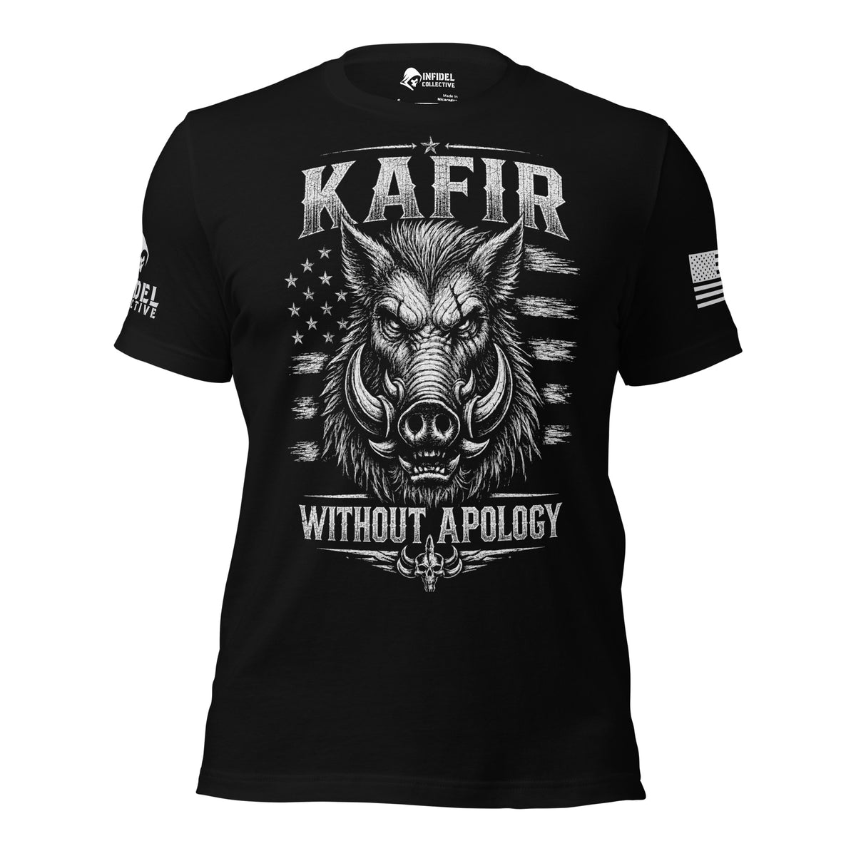 Front view of Black Kafir War Pig Without Apology tee.
