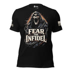 Front view of Black Fear the Radiant Infidel Reaper tee.