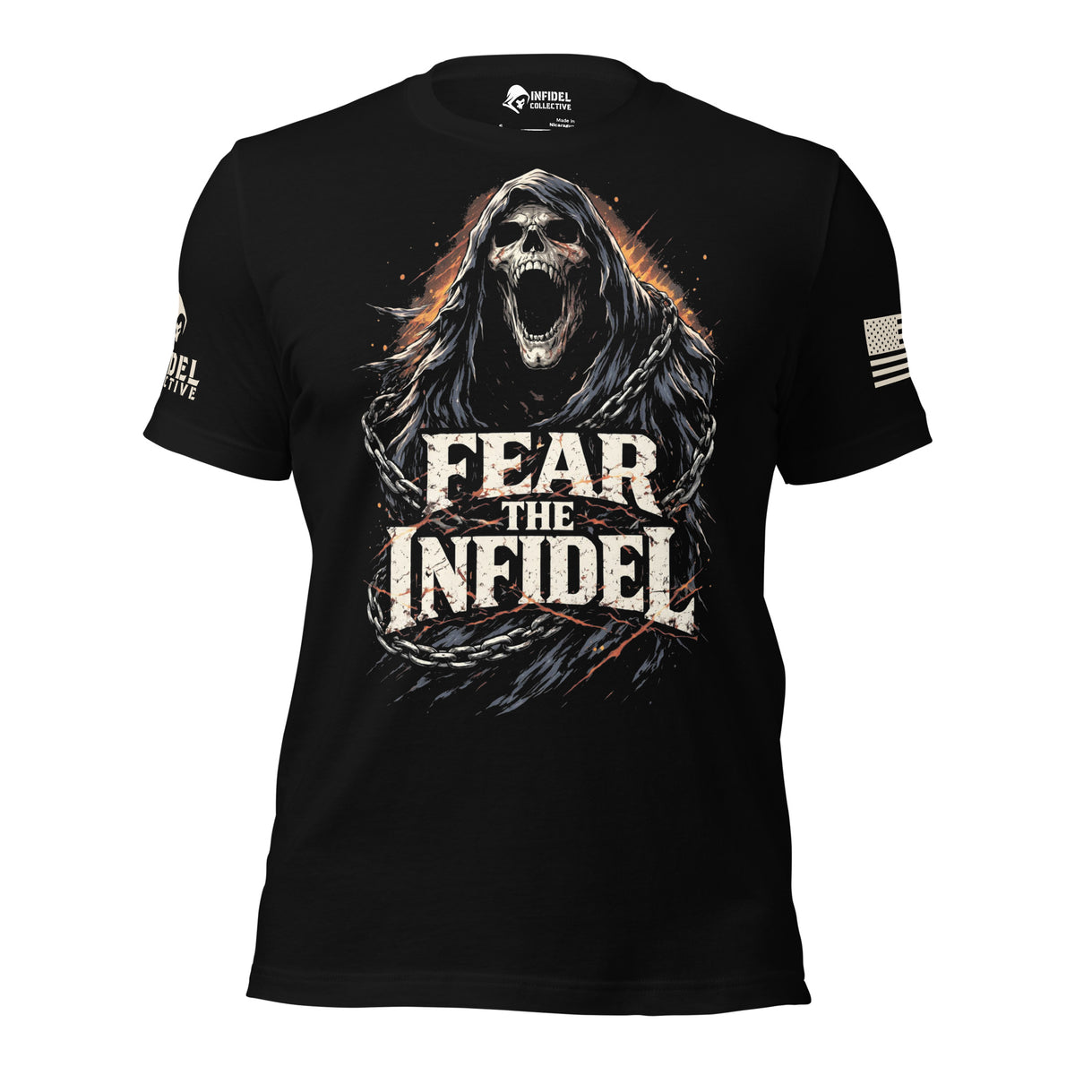 Front view of Black Fear the Radiant Infidel Reaper tee.