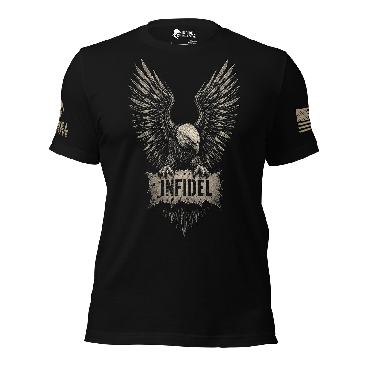 A black short-sleeve graphic t-shirt featuring a large distressed eagle design with the word 'INFIDEL' on the chest, displayed against a white background.
