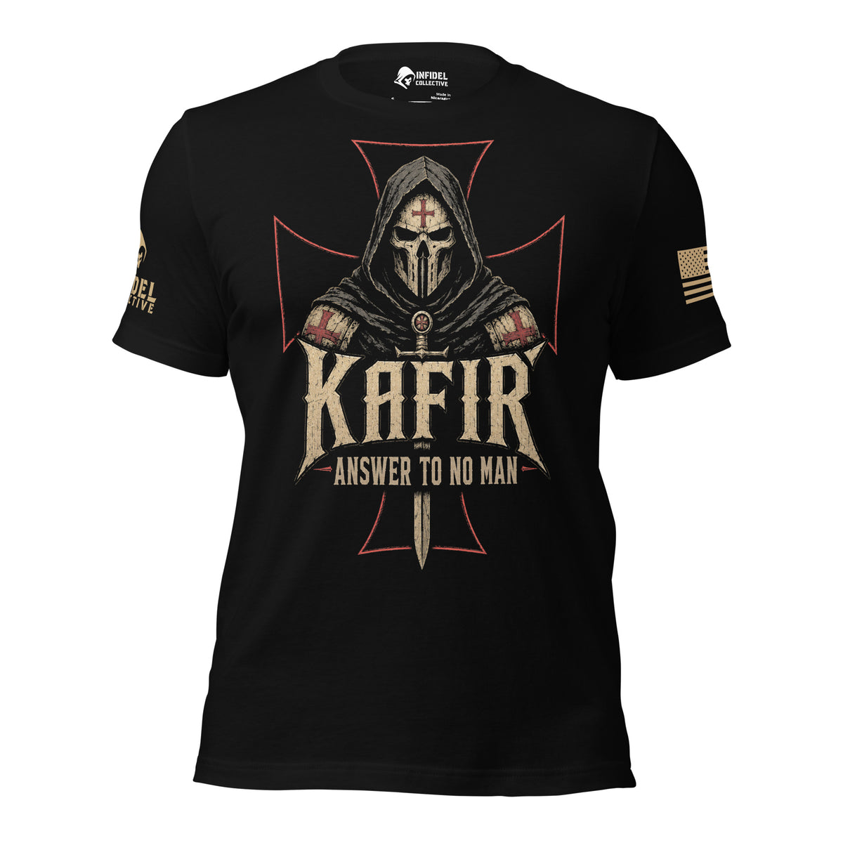 A black short-sleeve graphic t-shirt featuring a hooded skull warrior over a red Iron Cross, with the text 'KAFIR' and 'ANSWER TO NO MAN' printed on the front. The shirt has a visible neck label for 'Grunt Gear' and a small American flag print on the right sleeve.