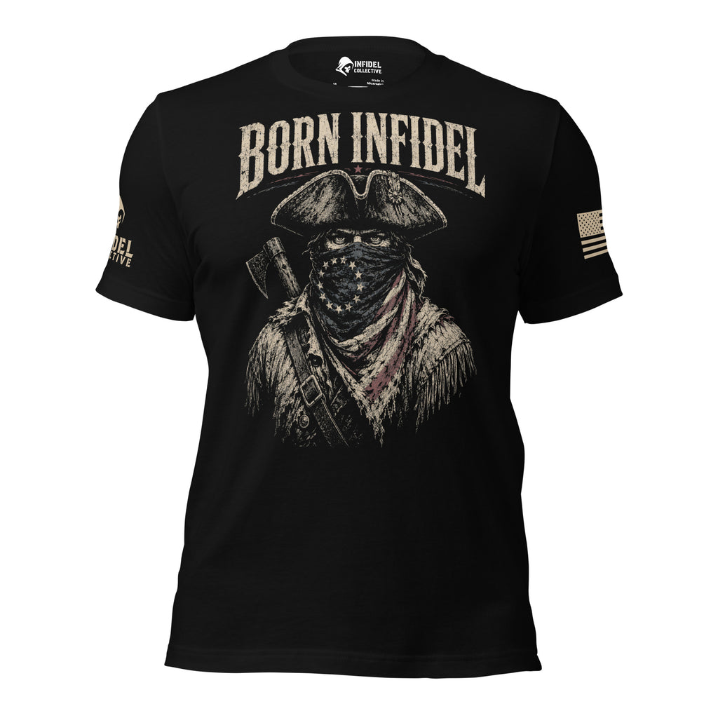 Born Infidel masked colonial patriot raider design front print black tee from Infidel Collective
