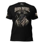 Born Infidel masked colonial patriot raider design front print black tee from Infidel Collective