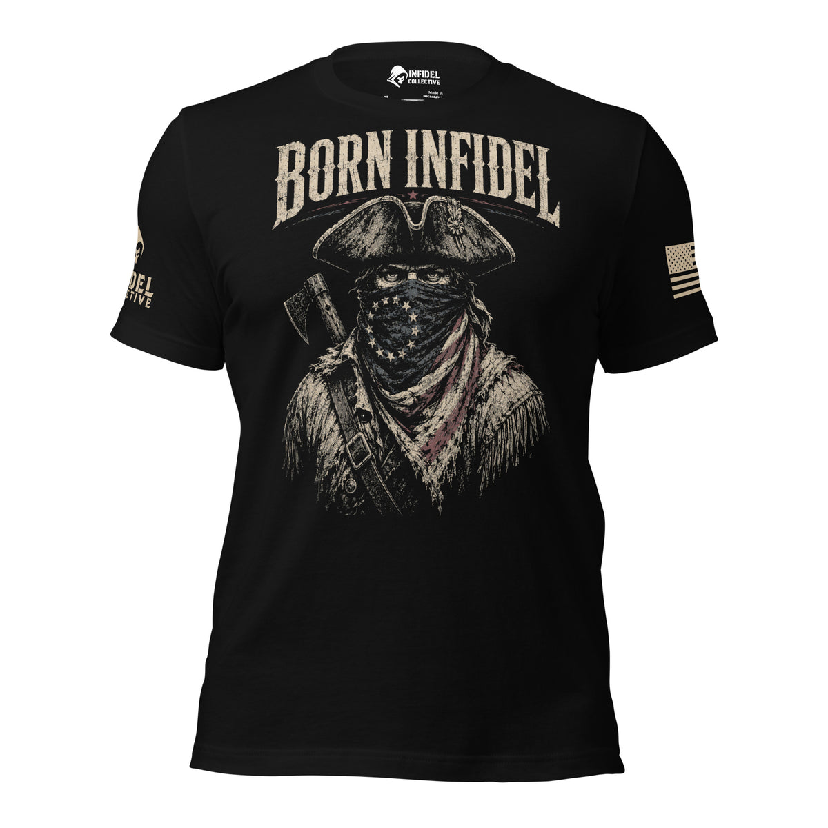 Born Infidel masked colonial patriot raider design front print black tee from Infidel Collective