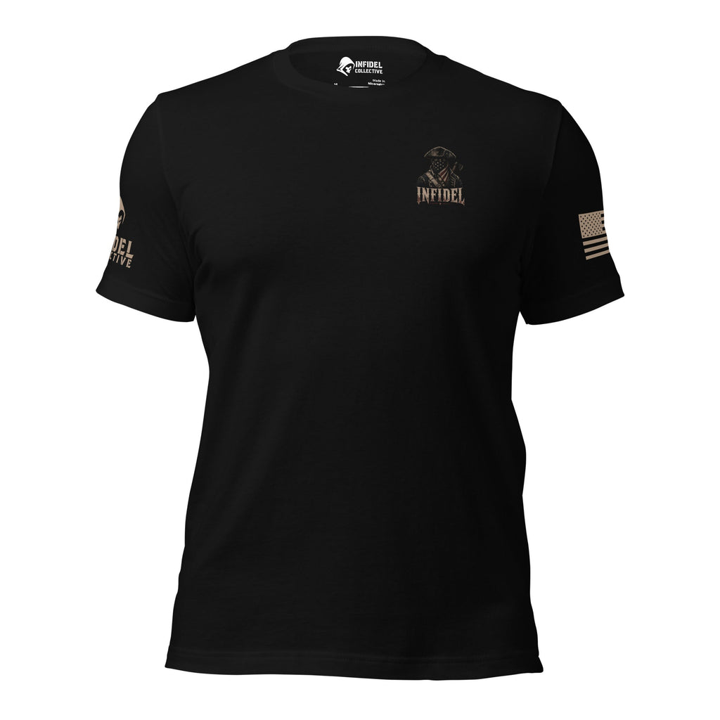 Black Patriot Raider back-print tee, front view