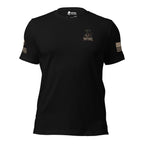 Black Patriot Raider back-print tee, front view