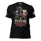 Texican Infidel graphic on black tee, front view