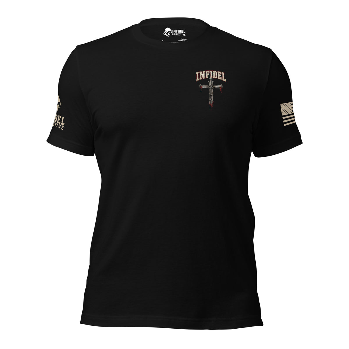 Front view of black Crimson Cross of Nails back print tee