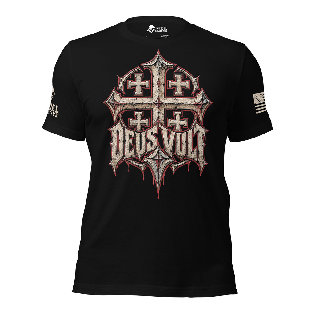 Black tee with Deus Vult Jerusalem cross front graphic