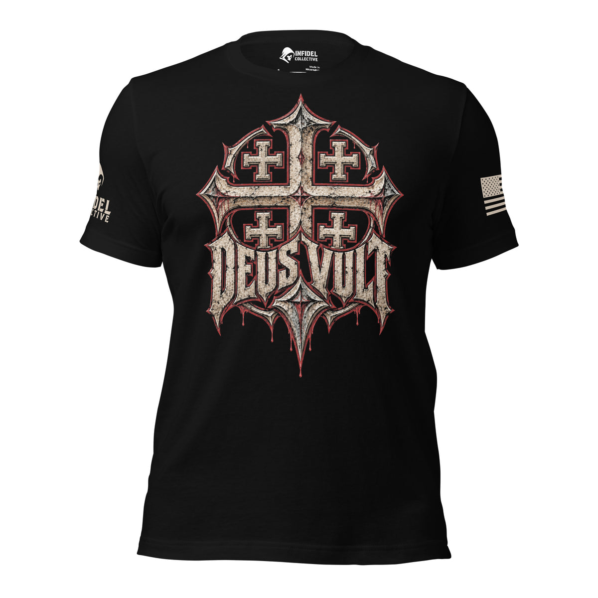 Black tee with Deus Vult Jerusalem cross front graphic